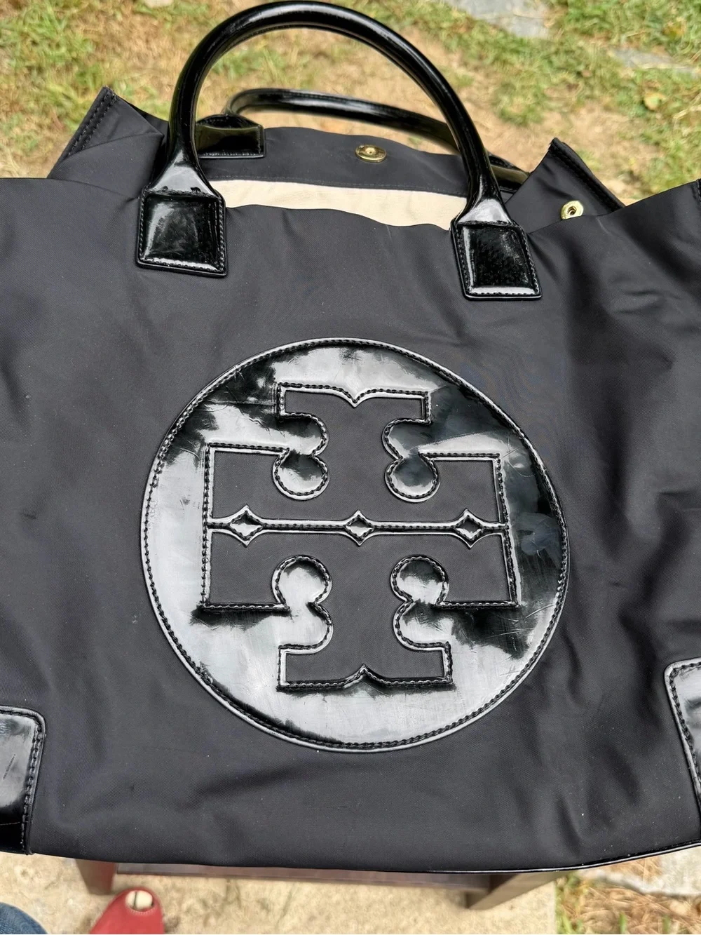 Tory Burch Large Nylon expandable Black Patent Trim Logo Tote